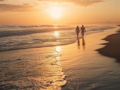 Couple walking on Huntington Beach at sunset, symbolizing hope and new beginnings in divorce