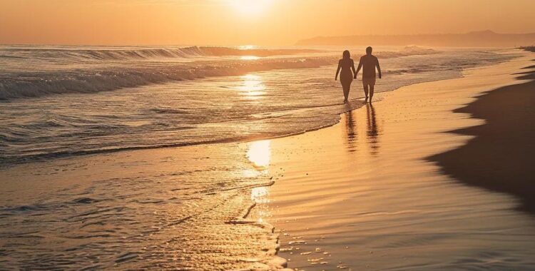 Couple walking on Huntington Beach at sunset, symbolizing hope and new beginnings in divorce