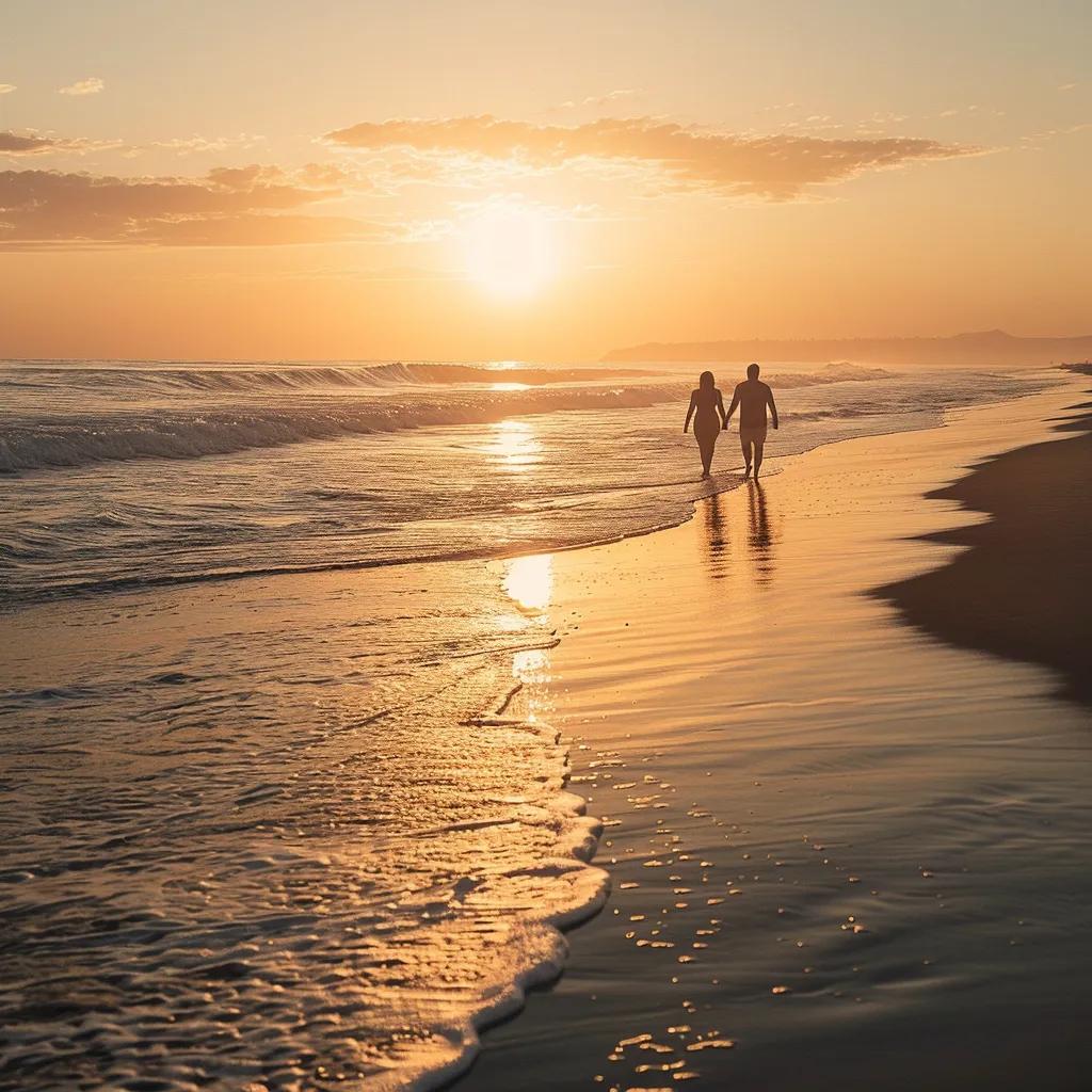 Couple walking on Huntington Beach at sunset, symbolizing hope and new beginnings in divorce