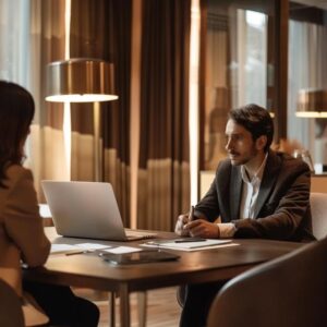 Divorce consultation scene with an attorney and client in a supportive office environment