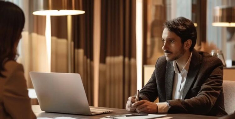 Divorce consultation scene with an attorney and client in a supportive office environment