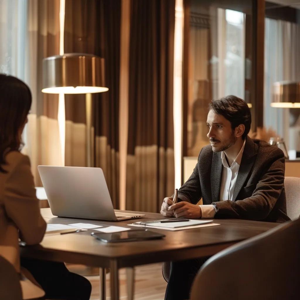 Divorce consultation scene with an attorney and client in a supportive office environment