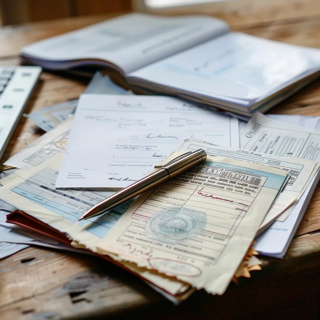 Organized divorce consultation documents including ID, pay stubs, and financial statements